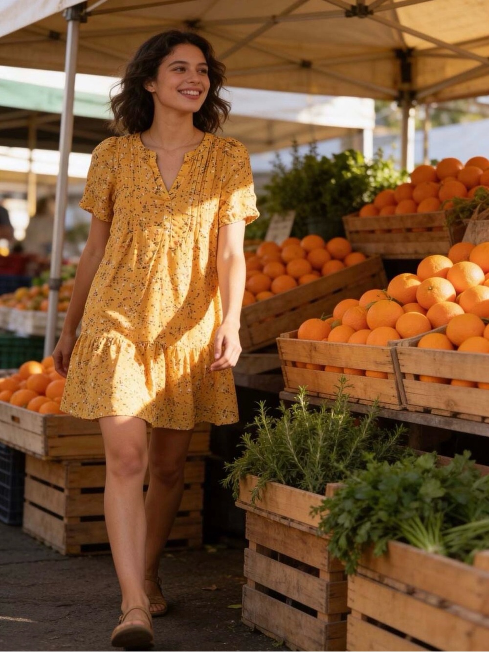 LOFT Mustard Yellow Mini Floral Print Dress Womens Small Tiered V Neck Colorful